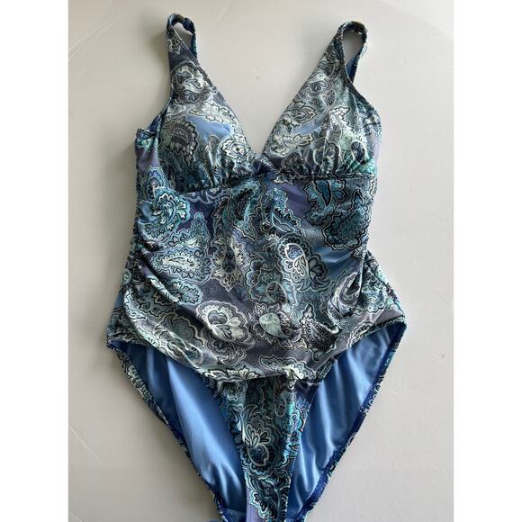 Lauren Ralph Lauren Blue Paisley Print Ruched One Piece Swimsuit Size 16 - Picture 6 of 9